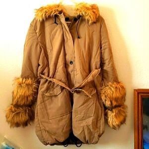 Zanzea Khaki Hooded Parka with Removable Fur Collar Size L